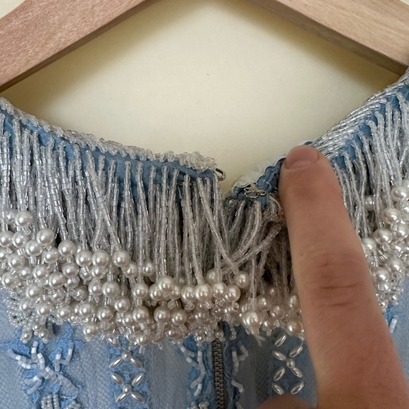 Vtg 60s Hand Beaded Dress Made in Hong Kong Ice Blue Pearl Collar Shift Flawless - Picture 12 of 14